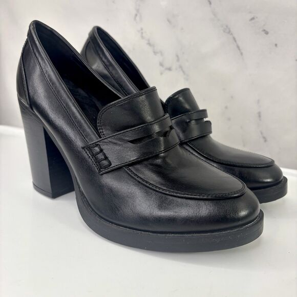 Y2K 90s Vintage Bongo Block Heel Platform Loafers Blk Leather Chunky 8.5 Grunge - Picture 1 of 15